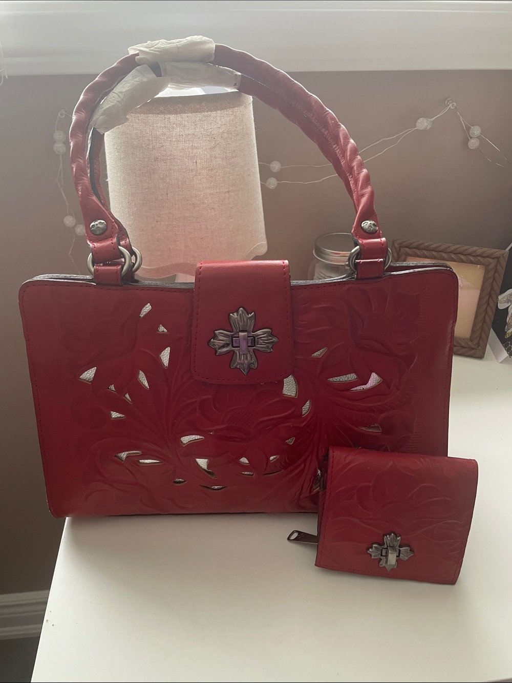 Patricia Nash Red Floral-Embossed Tote with Matching Wallet